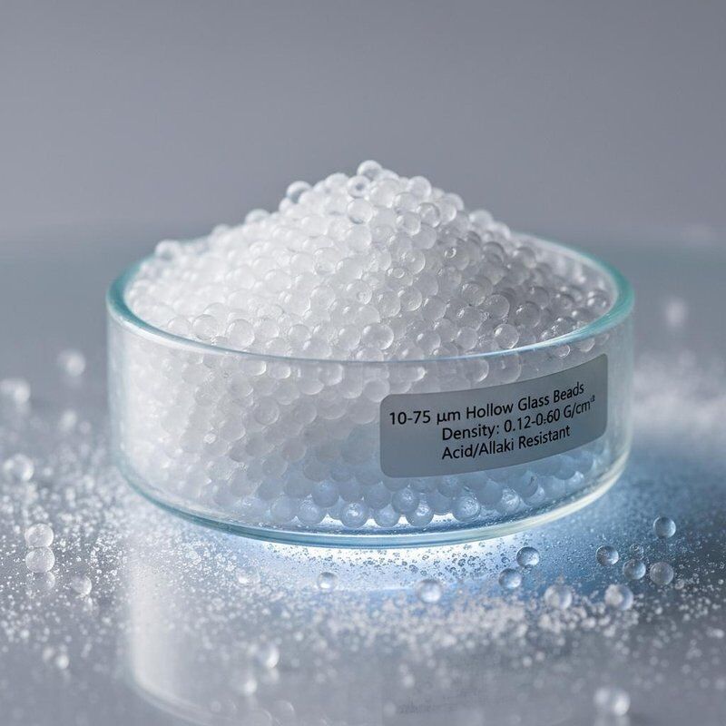 ০.১২-০.৬০ গ্রাম/সেমি³ ঘনত্ব এবং অ্যাসিড ও ক্ষারের প্রতি ভালো প্রতিরোধ ক্ষমতা সহ ১০-৭৫ মাইক্রোমিটার ব্যাসের ফাঁপা কাঁচের পুঁতি